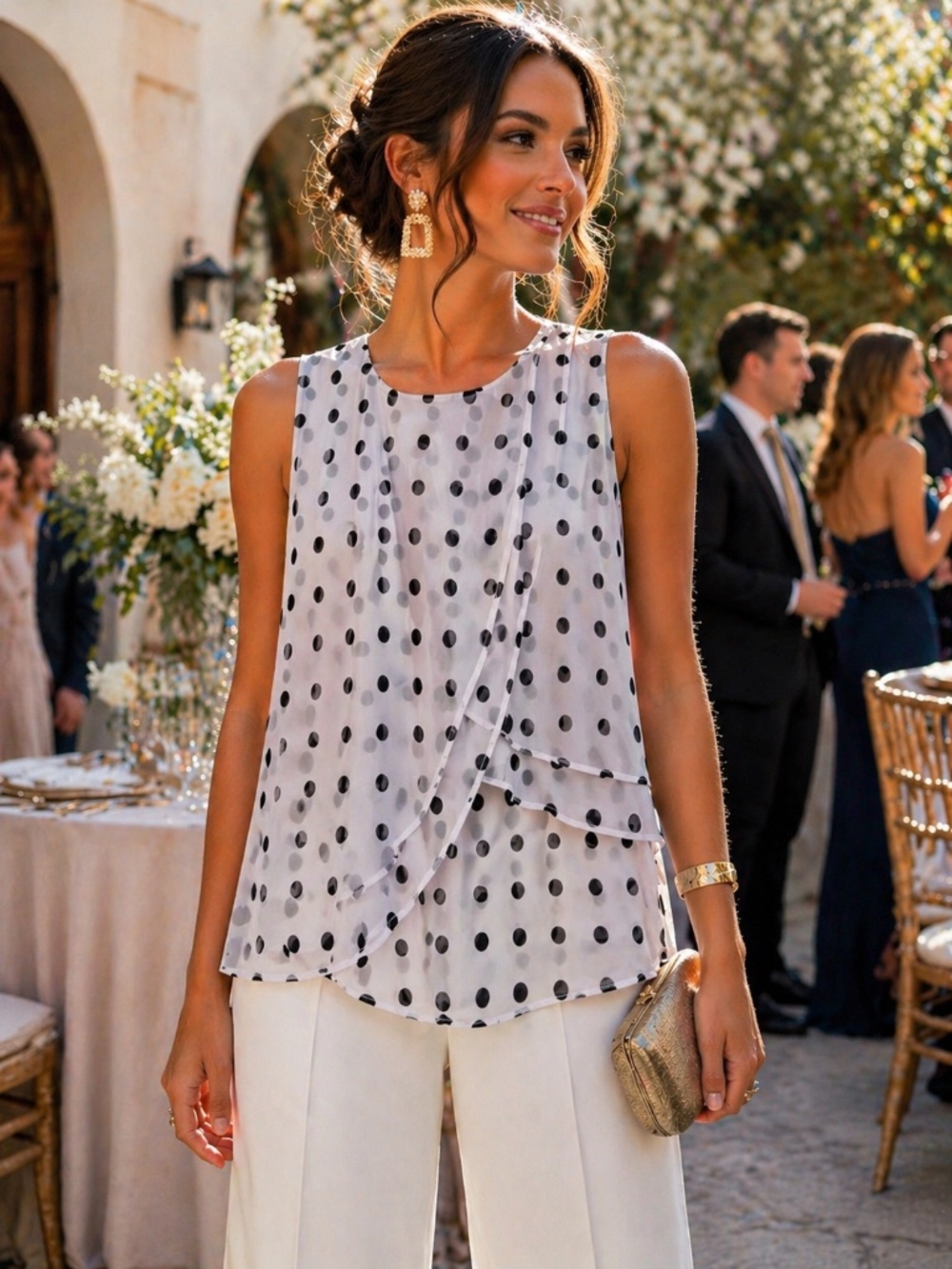Joseph Ribkoff tank top polkadot 8 black/white tiers sleeveless wedding guest - Picture 1 of 8